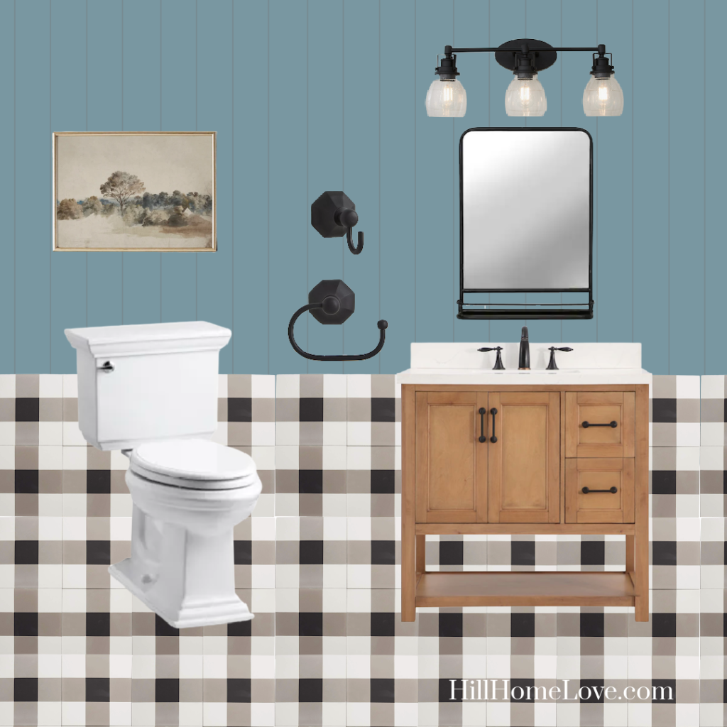 digital mood board of a blue bathroom with plaid cement tile floor, gold accents, and a vintage art print