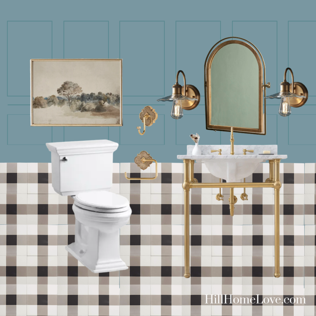 digital mood board of a blue bathroom with plaid cement tile floor, gold accents, and a vintage art print