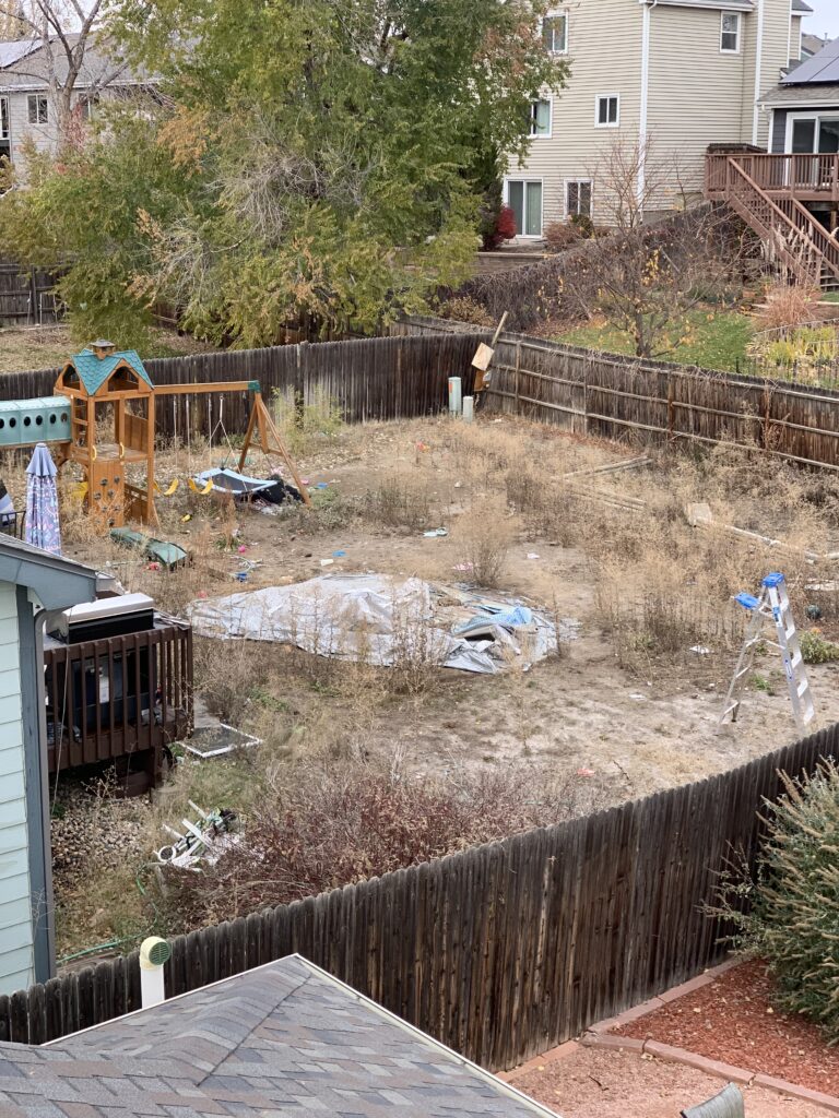 An abandoned backyard filled with dirt, garbage, a broken pool, broken swing set, and weeds.