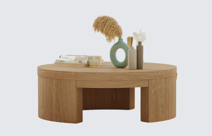 round honey wood coffee table with modular block legs