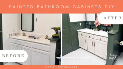 Pictured on the left is an off-white 90's shell sink with a dingy white vanity. On the right is pictured a light warm gray painted vanity with a modern countertop and black sinks.