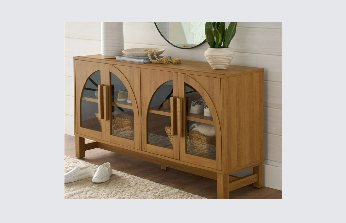 light brown tv cabinet with arched glass doors