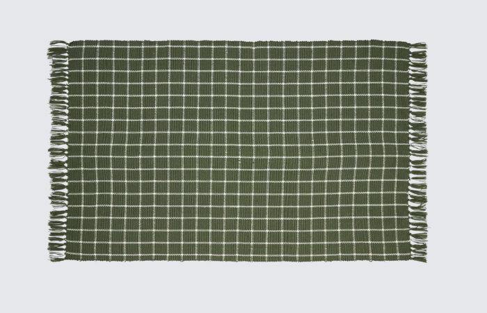 green checkered rug with white lines and fringe