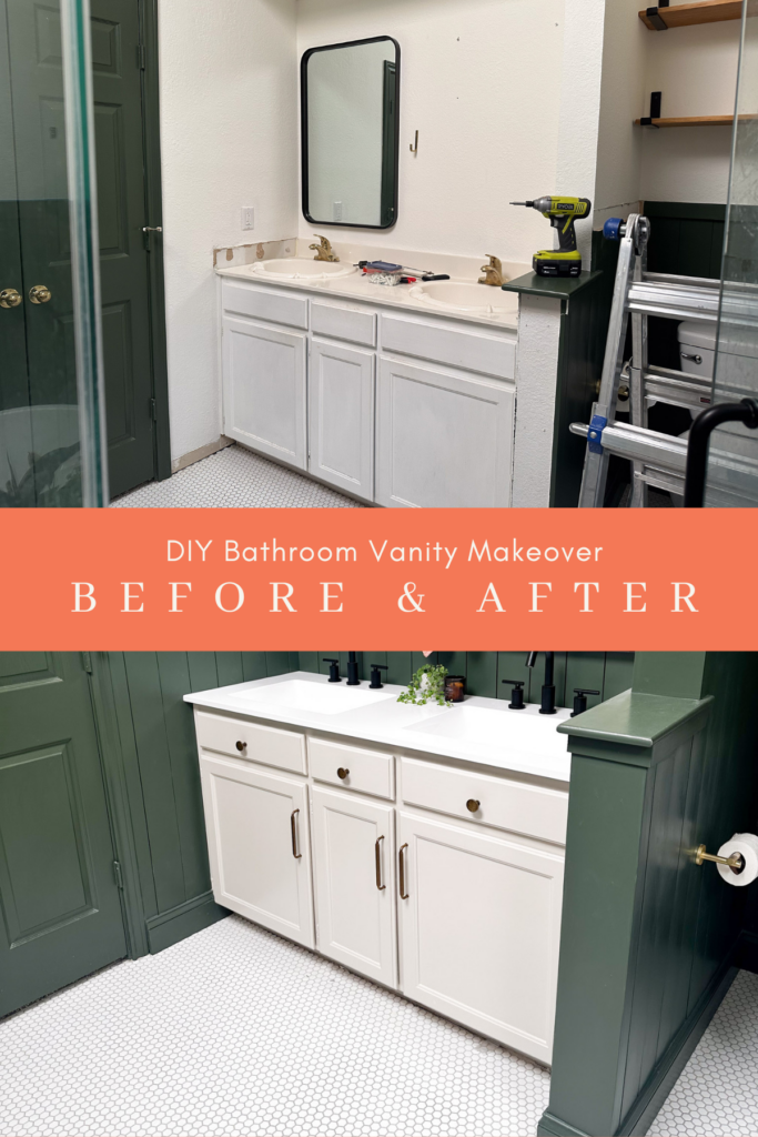 picture of a old white vanity on top with an updated bathroom vanity on bottom with gray paint, white countertop, and gold hardware. With text in the middle that says before and after DIY bathroom vanity makeover