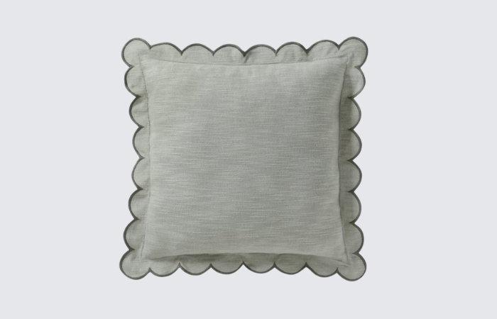 sage green square throw pillow with dark green and scallop border