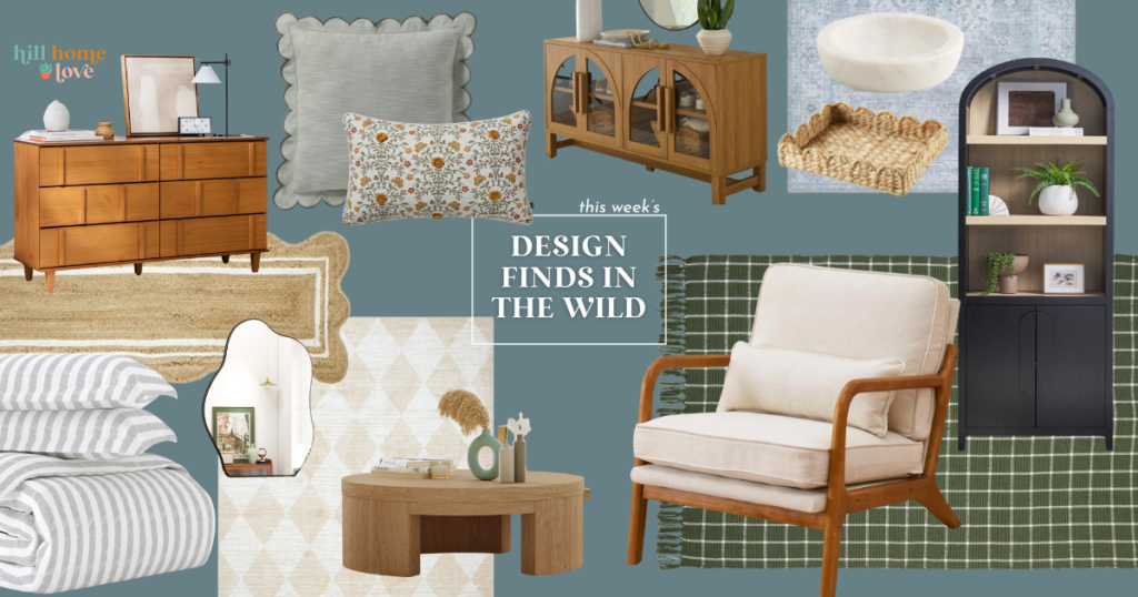 Mood board with blue background with mid-century modern walmart home decor