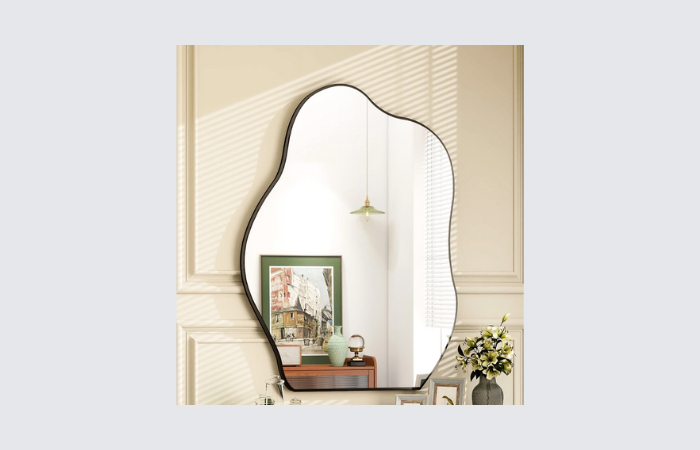 wavy edge bathroom mirror with black metal edging