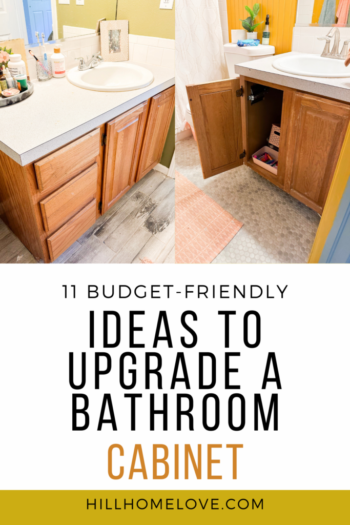 Oak vanity with basic countertop with text overlay