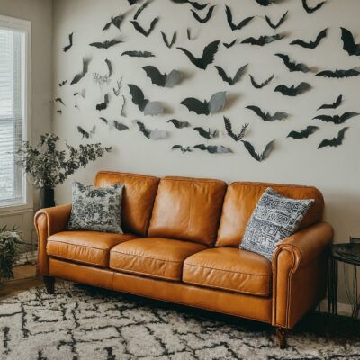 leather couch with paper bats on the wall