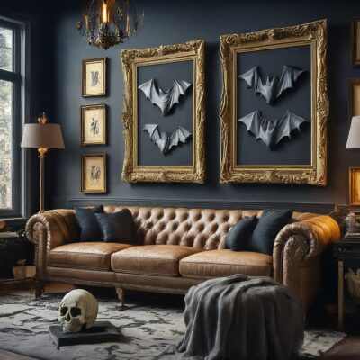 leather couch with black wall and framed paper bats