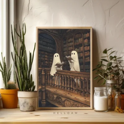 artistic picture of two ghosts in a library