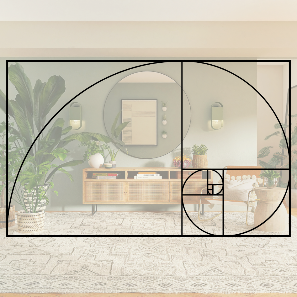 Living room overlayed with the golden ratio principle