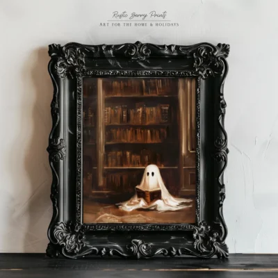 artistic picture of a ghost reading in a library