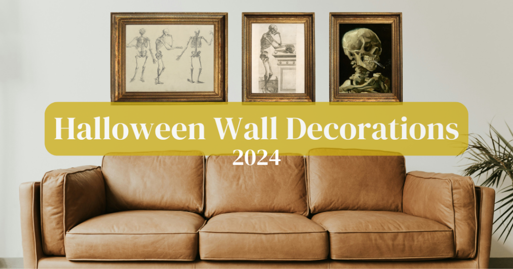 leather couch with skeleton prints with the text "halloween wall decorations 2024" 