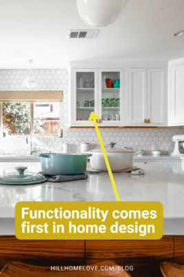 White kitchen with hexagon tile backsplash, showcasing open glass cabinets and white countertops. The text emphasizes the importance of functionality in home design.