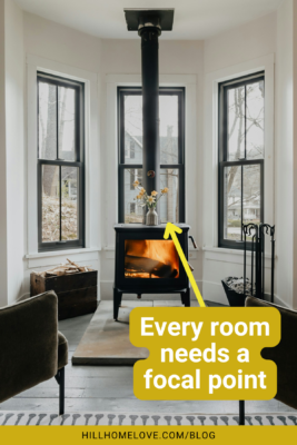 Cozy living room with a wood-burning stove as the focal point. Text emphasizes that every room needs a strong focal point for balance.