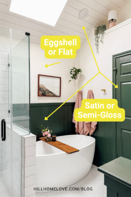 Stylish green bathroom with paint finish tips. The text advises using eggshell or flat finishes for ceilings and walls, and satin or semi-gloss for trim and wainscoting.