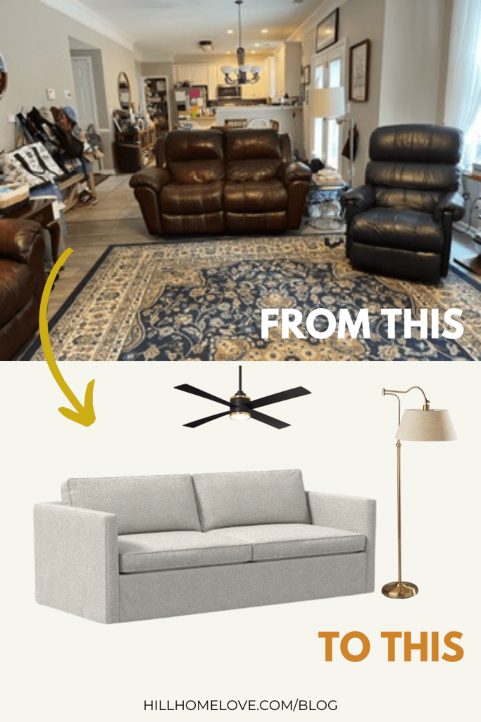 Living room makeover idea: Dark brown leather couch and recliner with arrow to light gray skirted couch and gold floor lamp