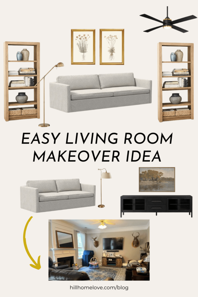 light gray skirted couches with natural wood bookshelves, black tv stand, and vintage art with arrow pointing to a small space living room with overlay text "easy living room makeover ideas"