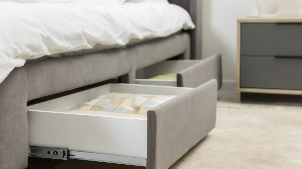 gray bedframe with pull-out drawers for extra storage