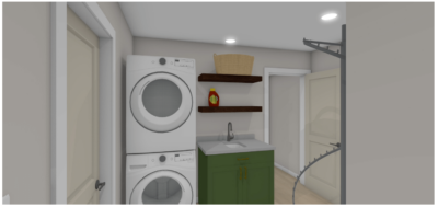 Basement laundry room with stacked washer and dryer, green cabinets, and wooden shelves.