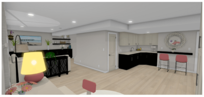 Modern basement kitchenette with light cabinetry, black lower cabinets, a bar counter with two pink stools, and a wall-mounted mirror with floral decor.