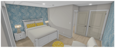 Cozy guest bedroom in a basement with blue floral accent wallpaper, a white bed, and yellow accent pillows, creating a welcoming and serene space.