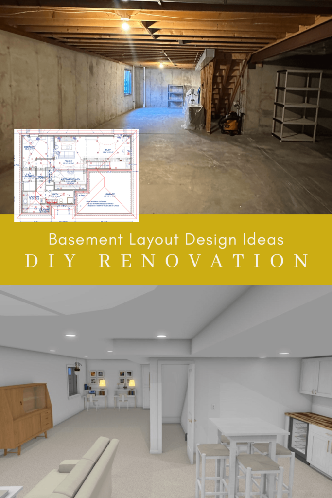 An unfinished basement with exposed beams and concrete floors, transitioning to a modern, renovated space with seating, a workspace, and a bar. Text reads: Basement Layout Design Ideas DIY Renovation.