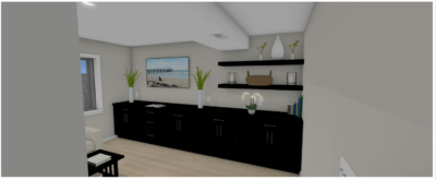 Basement TV wall design featuring black cabinetry, floating shelves, and coastal artwork.