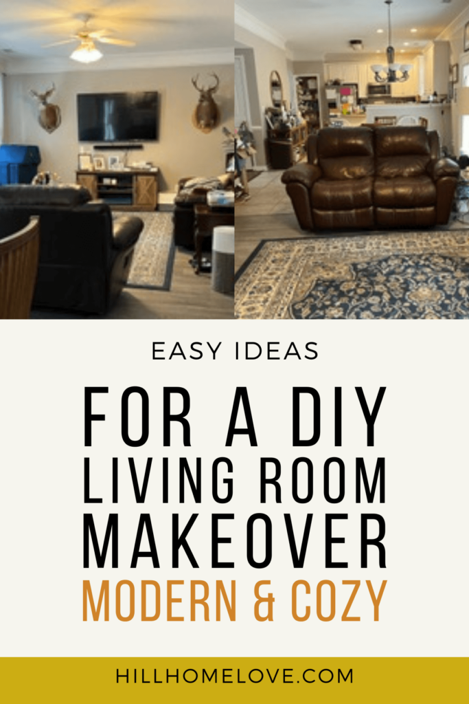 dark living room with text "easy ideas for a living room makeover: modern and cozy"